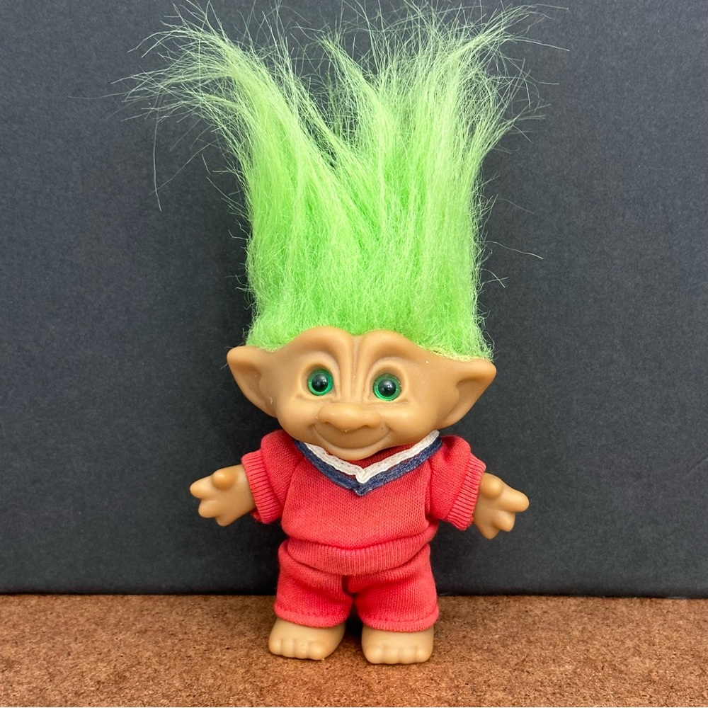 Vintage Ace Novelty Troll Doll Dark Blue Hair Belly Jewel Red White Blue Outfit